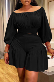 White Off Shoulder 3/4 Sleeve Crop Tops And Mini Short Casual Vacation Plus Size Two Pieces Short Sets