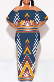 White National Totem Print Off Shoulder Flutter Sleeve Long Loose Vacation Plus Size Maxi Dresses
