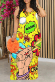 Powder Blue Graffiti Print Backless Spaghetti Strap Floor Length Vacation Baggy Plus Size Sundress Slip Maxi Dress