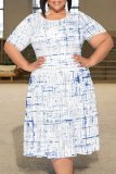 Light Purple Floral Polka Dot Stripe Print O Neck Short Sleeve Ruffle Hem Casual Vacation Plus Size Midi T-shirt Dresses