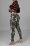 Yellow Camouflage Print Fringed Trim High Waist Casual Pencil Skinny Pants