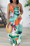 Pink Purple Floral Print Backless Spaghetti Strap Floor Length Vacation Baggy Plus Size Sundress Slip Maxi Dress