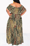 Khaki Leopard Flowers Geometric Print Off Shoulder Flutter Sleeve Long Loose Vacation Plus Size Maxi Dresses