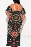 White National Totem Print Off Shoulder Flutter Sleeve Long Loose Vacation Plus Size Maxi Dresses