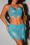 Sky Blue Backless Sleeveless Chains Halter Crop Top And Irregular Hem Mini Skirt Night Club Two Pieces Dress Sets