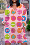 White Blue Casual Graphics Print V Neck Long Sleeve Knee Length Pocket Straight Loose Midi Dress