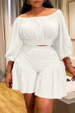 White Off Shoulder 3/4 Sleeve Crop Tops And Mini Short Casual Vacation Plus Size Two Pieces Short Sets