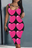 Pink Love Print Sleeveless U Neck Knee Length Bodycon Pencil Tank Midi Dress