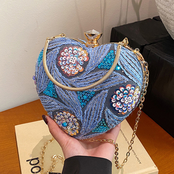 Blue Party Heart Shaped Sequins Chains Clutch Purse Handbag