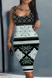 Black Casual Plaid Floral Print U Neck Sleeveless Vacation Bodycon Midi Tank Dress