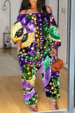 Yellow Purple Graphics Print Off Shoulder Long Sleeve Pockets Casual Vacation Plus Size Harem Jumpsuits