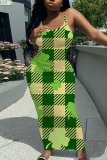 Dark Green Floral Print Sleeveless Backless Summer Outings Vacation Bodycon Maxi Slip Dress