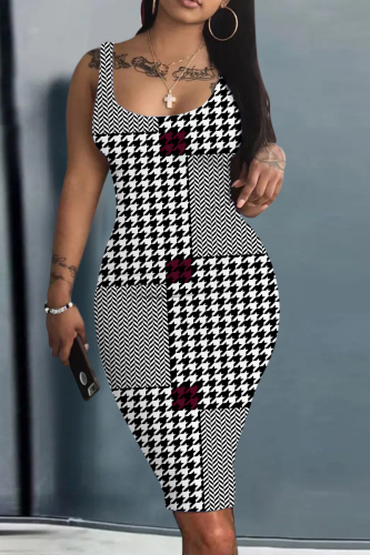 Black Casual Plaid Floral Print U Neck Sleeveless Vacation Bodycon Midi Tank Dress