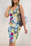 Red Casual Cartoon Graffiti Print U Neck Sleeveless Vacation Bodycon Midi Tank Dress