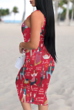 Red Casual Cartoon Graffiti Print U Neck Sleeveless Vacation Bodycon Midi Tank Dress