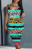 Red Leaves Leopard Flowers Leopard Print U Neck Sleeveless Vacation Bodycon Midi Tank Dress