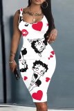 Red Casual Cartoon Graffiti Print U Neck Sleeveless Vacation Bodycon Midi Tank Dress