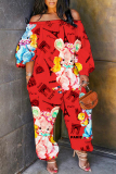 Pink Casual Graphics Print Off Shoulder Long Sleeve Pockets Harem Jumpsuits