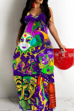 Purple Yellow Graphics Print Sleeveless Backless Spaghetti Strap Floor Length Vacation Baggy Sundress Maxi Slip Dress