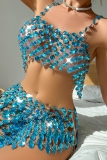 Sky Blue Sleeveless Hollow Out Backless Spaghetti Strap Chains Gem Crop Tops And Mini Skirt Club Two Piece Dress Set