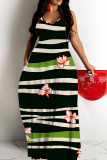 Blue Floral Print Sleeveless Backless Spaghetti Strap Floor Length Vacation Baggy Sundress Maxi Slip Dress