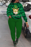 Green Graphics Print O Neck Long Sleeve Sweatshirt and Skinny Pants Sportwear Casual Plus Size Two Pieces Sweatpant Sets
