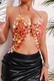 Coral Pink Beads Hollow Out Backless Night Club Chains Halter Crop Tops