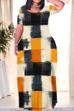 Multicolor Graphics Print Short Sleeve O Neck Floor Length Loose Vacation Baggy Maxi T-shirt Dress