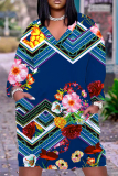 Brownish Red Floral Print V Neck Long Sleeve Pocket Casual Outing Plus Size Straight Loose Midi Dress