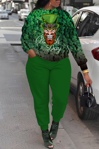 Green Graphics Print O Neck Long Sleeve Sweatshirt and Skinny Pants Sportwear Casual Plus Size Two Pieces Sweatpant Sets