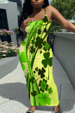 Dark Green Floral Print Sleeveless Backless Summer Outings Vacation Bodycon Maxi Slip Dress