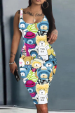 Red Casual Cartoon Graffiti Print U Neck Sleeveless Vacation Bodycon Midi Tank Dress