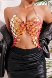 Coral Pink Beads Hollow Out Backless Night Club Chains Halter Crop Tops