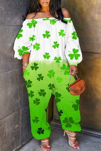White Green Four Leaf Clover Shamrock Print Off Shoulder Long Sleeve Pockets Casual Harem Jumpsuits