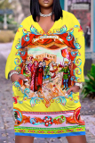Rose Red Graphics Print V Neck Long Sleeve Pocket Casual Outing Plus Size Straight Loose Midi Dress