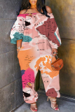 Pink Casual Graphics Print Off Shoulder Long Sleeve Pockets Harem Jumpsuits