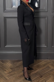 Black Turndown Collar Long Sleeve Buttons Formal Office Lady Blazer Maxi Dresses