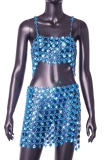 Sky Blue Sleeveless Hollow Out Backless Spaghetti Strap Chains Gem Crop Tops And Mini Skirt Club Two Piece Dress Set