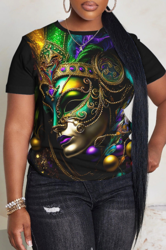 Dark Green Casual African Graphics Print  O Neck Short Sleeve Oversize T-Shirts