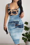 Light Blue Graphics Print Square Neck Sleeveless Vacation Casual Bodycon Midi Tank Dress