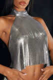 Glod Backless Sleeveless Halter Chains Crop Tops