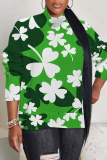 Green Four Leaf Clover Print Turtleneck Long Sleeve Casual Fall Winter Knitted Sweater Tops