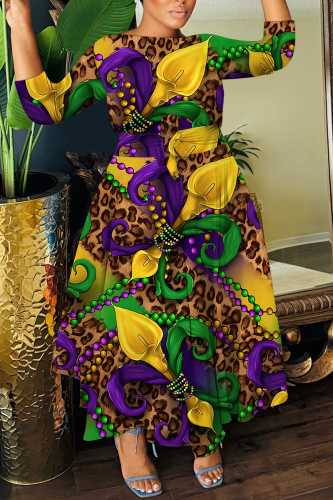 Leopard Print O Neck 3/4 Sleeve Belted Pockets Long Vacation Casual Pleated Maxi Dresses