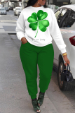 Green Graphics Print O Neck Long Sleeve Sweatshirt and Skinny Pants Sportwear Casual Plus Size Two Pieces Sweatpant Sets