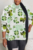 Green Four Leaf Clover Print Turtleneck Long Sleeve Casual Fall Winter Knitted Sweater Tops