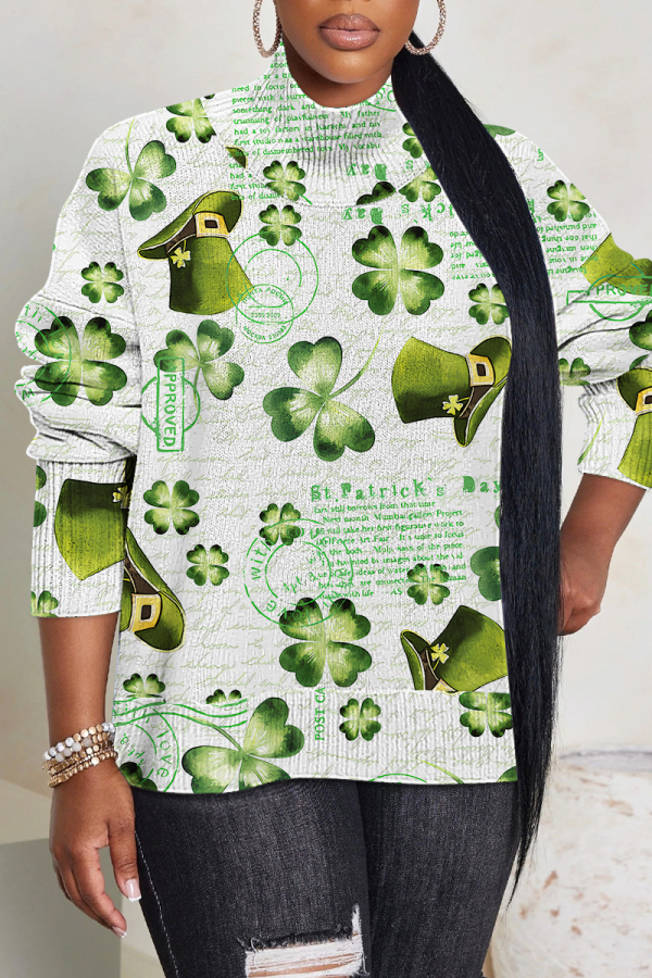 Green Four Leaf Clover Print Turtleneck Long Sleeve Casual Fall Winter Knitted Sweater Tops