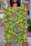Brownish Red Floral Print V Neck Long Sleeve Pocket Casual Outing Plus Size Straight Loose Midi Dress