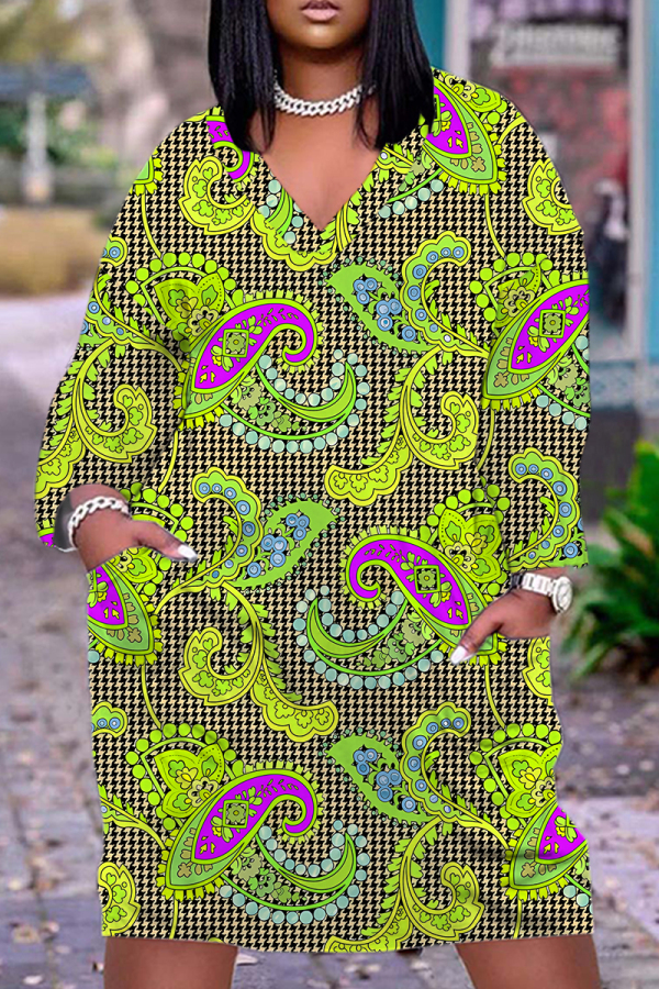 Brownish Red Floral Print V Neck Long Sleeve Pocket Casual Outing Plus Size Straight Loose Midi Dress