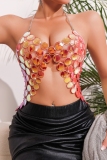 Coral Pink Beads Hollow Out Backless Night Club Chains Halter Crop Tops