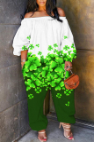 Fruit Green Four Leaf Clover Print Off Shoulder Long Sleeve Pockets Casual Harem Jumpsuits